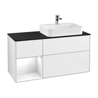 Villeroy und Boch Finion Waschtischunterschrank G392GFGF 120cm, Abdeckplatte black matt, Emotion, Regal links Glossy white lacquer, Glossy white lacquer