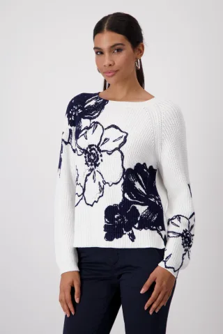 monari - Strickpullover mit Blumenprint off-white - Gr. - 42