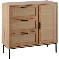 Wohnling Kommode WL6.877 80x82x36 cm Eiche Rattan Sideboard Schubladen Modern (80 cm Anrichte, Eiche Rattan Stauraum Schublade), Kommode Tür Modern, Hoher Kommodenschrank
