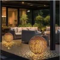 Expo Börse LED Solarleuchte, LED-Leuchtmittel fest verbaut, Warmweiß, Solarlampe für Außen Kugel Solar Gartendeko Solarleuchte rost 2er set