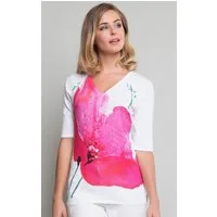 Passioni V-Ausschnitt-Pullover mit Hibiskus-Blume mit Glitzerknöpfen