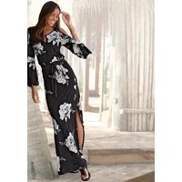 LASCANA Maxikleid mit Blumenprint und Schulter-Cut-Outs, 3/4-Ärmel Sommerkleid mit hohem Schlitz, softes Jerseykleid, Viskosekleid