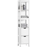 SoBuy Hochschrank FRG126, Badkommode, Schrank freistehend, Badschrank schmal schmale Säule, Badezimmerschrank mit 2 Schubladen, 3 offenen Fächern