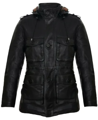 Trenchcoat mit Kapuze und mehreren Taschen aus Leder