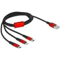 USB Ladekabel, USB-A Stecker > 2x USB-C + Lightning Stecker schwarz/rot, 1 Meter, gesleevt, nur Ladefunktion