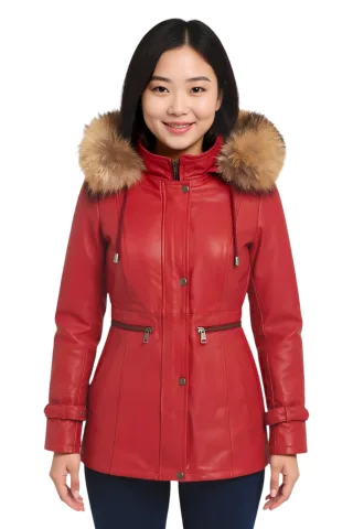 Damen Rote Lederparkajacke mit Kapuze - Putian