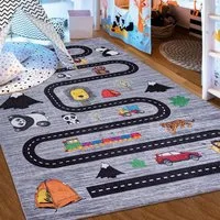 Mazovia Kinderteppich Teppich 1711A PRINT Emma Collection, 80 x 150 cm, Waschbar, Anti-Rutsch, Spielteppich Straße Straßenteppich