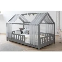 Ticaa Hausbett Kim mit Rausfallschutz aus Kiefer, Kinderbett 100x200, inkl. Tüll-Set, mit Rollrost