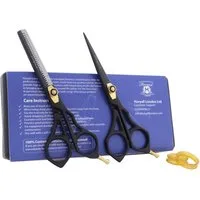 Haryali London Haarschere Schwarzes Friseurscheren-Set, 6,5 Zoll, schwarz und gold, Schutzhülle, (1x Schutzhülle aus Kunststoff, 1x Effilierschere, 1x Schneideschere), Premium schwarze 6,5 Zoll scharfe Klinge, langlebiges Kampfmittel