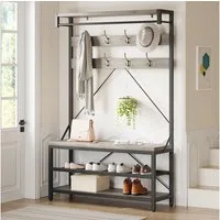 GarveeMore Garderobenständer 4-in-1 mit Sitzbank,3 Etagen Ablage und 8 Haken,183cm, mit Schuhbank,verstellbare Füße,Kleiderstange,101x40x183cm