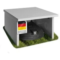 STEELSØN Mähroboter-Garage Drakon mit aufklappbarem Pultdach, BxTxH: 77x90x53,5 cm, für gängige Rasenmähroboter, (Silber, Mähroboterhaus aus Metall, wetterfest), Rasenmäher Unterstand, mit Kabeldurchlass