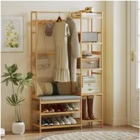 HOMCOM Garderobenständer mit Schuhregal, Kleiderhaken, Mantelständer, Sitzbank mit Kissen, (Kleiderständer, 1 St., Standgarderobe), für Wohnzimmer, Schlafzimmer, Naturholz