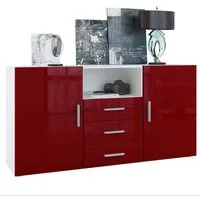 Vladon Sideboard Skadu (Kommode, mit 2 Türen, 3 Schubladen und 1 offenem Fach), Weiß matt/Bordeaux Hochglanz (138,5 x 71,5 x 35 cm)