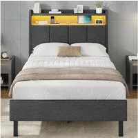 MSMASK Polsterbett mit integrierter LED-Beleuchtung und Ladestation, Stauraumbett (Ohne Matratze), Jugendbett Einzelbett mit Holzlattenrost, 90x200cm