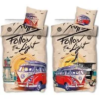 BERONAGE Wendebettwäsche VW Volkswagen Bulli Follow The Light Bettwäsche Linon / Renforcé 187, 100% Baumwolle, 2 teilig, 135x200 + 80x80 cm