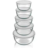 Arendo Salatschüssel 5x Glasschüsseln + Deckel 1L, 1,5L, 2L, 2,7L & 4,4L, Glas Rührschüssel, Glas, (5er Set, 5-tlg), Glasschale, BPA-frei, Spülmaschinen und Mikrowellen geeignet