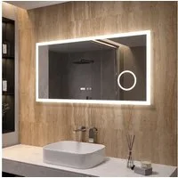 AQUALAVOS Badspiegel Badspiegel mit licht Beleuchtung 100-120 cm Touch Uhr dimmbar Spiegel, mit 3-Fach Vergrößerung Schminkspiegel, Speicherfunktion, Wandschalter