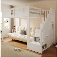Flieks Hochbett Kinderbett 140x200cm mit Stauraumtreppe (Links & Rechts Austauschbar)