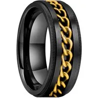 Taffstyle Fingerring Ring Spinner bewegliche Kette Schwarz Gold Größe 52 (16.6) (Bandring Biker Schmuck Geschenke für Männer Herren), Edelstahl spinning Drehring Partner Fingerring Herrenring