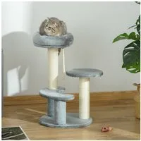 PawHut Kratzbaum Katzenbaum 3-Stufiger Spielbaum mit Katzenbett, Sisalsäulen, Grau, Ø40 x H65 cm