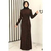 fashionshowcase Abendkleid Damen Glitzer Maxikleid mit Volant Abiye Abaya Hijab Mode Modest Fashion