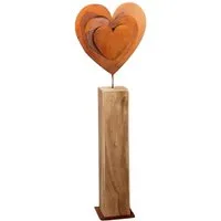 Dekoleidenschaft Dekosäule "Rostherz" aus Holz in Blockform, 72 cm hoch, Holzsäule mit großem Metalherz, Eingangsdeko, Holzdeko