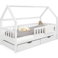 Ehrenkind Hausbett Lille aus massivem Kiefernholz inkl. Rausfallschutz und Rollrost (80x160 Weiß, Hausbett mit optionalem Stauraum), 2 in 1 Aufbau bodentief oder Standardhöhe