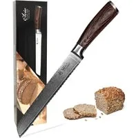 Wakoli Brotmesser EDIB Damastmesser I Küchenmesser Kochmesser I 20cm Wellenschliffklinge, Aus 67 Lagen Damaststahl, VG10 Kern, Pakkaholzgriff, inkl. Geschenkbox