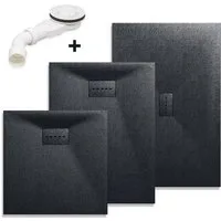 SONNI Duschwanne Duschtasse mit Siphon, Schieferoptik, Schwarz, 120-160cm, SMC, Antirutsch, Flach, inkl. ABlaufgarnitur, Rechteckig, Inklusive Siphon.