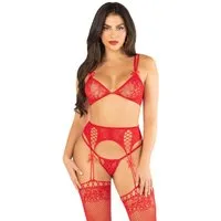 Leg Avenue Set: Bügelloser BH BH, String und Strapsstrümpfe aus Netz - rot (3-tlg) Kleine Schleife und doppelte Trägerdetails