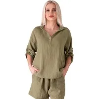 WENOR Schlupfbluse Damen Musselin 100% Baumwolle – Oversize Sommerbluse One Size mit Kokosknopf, Krempelärmel & Seitentaschen – Naturmaterial