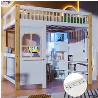 Merax Hochbett mit LED und Steckdose (1-St., Stockbett Jugendbett Hausbett Etagenbett Einzelbett) Kinderbett 140x200cm mit Schreibtisch, Ablagefächern, Treppe & Fenster