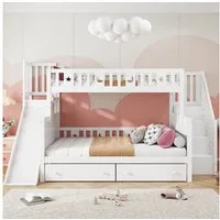 Odikalo Etagenbett Kinderbett 90x200 140x200 mit Rutsche & Stauraum (Kinderbett 90*200/140*200 cm, Massivholz-Etagenbett mit Rutsche und Regal mit Sicherheitsstufen, zwei großen Schubladen und Lattenrost, weiß)