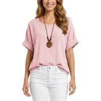 dy_mode Kurzarmbluse Damen Kurzarm Bluse Leichte Sommer Tunika Baumwollbluse Oberteil in Unifarbe, mit passende Kette