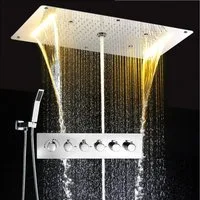 Oihpaw Duschsystem mit thermostat Multifunktionales Regendusche, 1 tlg., mit Regenmodus, Hydrotherapie Strahl, Handbrause, 380x700mm
