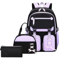 MOPUEA Schulrucksack Schulrucksack Mädchen Teenager Daypack 3. bis 7. Klasse Schule (Schulrucksack-Set mit Lunchbox Federmäppchen für Mädchen Teenager, 3-tlg., Mit Lunchbox Federmäppchen Großem Hauptfach Seitenfächern Rückenfach), Wasserabweisend Lei