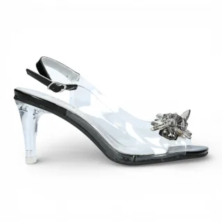 Laura Vita Damen-Sandalen Mira 01, durchsichtig schwarz, zum Hineinschlüpfen, Cinderella-Absatz