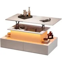 Merax Couchtisch hochglanz Sofatisch Beistelltisch mit LED und hydraulischer Lift (Lift-Teetisch, 90x55x41cm), Wohnzimmertisch mit 4 Schubladen und Stauraum inkl. Fernbedienung