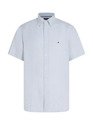 Tommy Hilfiger - Gestreiftes Kurzarmhemd aus Leinenmix blau - Gr. - M
