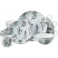 CreaTable Kombiservice Geschirr-Set Vintage Flowers (16-tlg), 4 Personen, Porzellan, Service, Dekor mit Blüten und Gräsern, 16 Teile, für 4 Personen