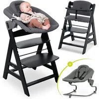 Hauck Hochstuhl Alpha Plus Black Newborn Set Premium, Holz Babystuhl ab Geburt inkl. Aufsatz für Neugeborene & Sitzauflage