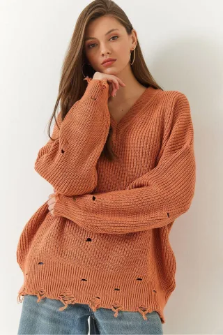 Oversized V-Ausschnitt Zerstörter Strickpullover