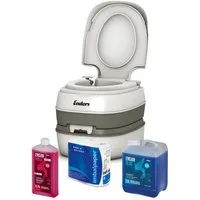 Enders® Campingtoilette Starter-Set Blue Comfort, (Spar-Set, 0,75L RINSE + 2,5L BLUE + 4 Rollen selbstauflösendes Toilettenpapier), Kolbenpumpe, geringes Gewicht, glatte und hygienische Oberfläche