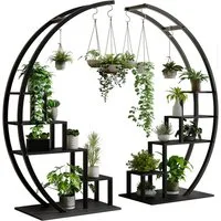 GarveeMore Blumenständer mit 4 haken,5-stufiges hohes Pflanzenständer,142 cm, 2-teiliges Set halbmondförmiges Pflanzenregal für Wohnzimmer