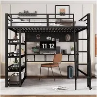 Odikalo Hochbett 140x200 Metallbett mit Schreibtisch Stauraum (Eisenbett, Kinderbett, Jugendbett, Mit Ablagen und viel Stauraum, Ausgestattet mit Ladeanschluss, Vierstufige Schrägleiter, Kann Gegenstände aufhängen, Eisen + Spanplatte, Schwarz, 140x20