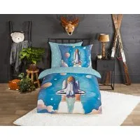 good morning Kinderbettwäsche Fred, Biber, Flanell, 2 teilig, Flanell Biber, 135x200, Warm, Reißverschluss, Wende, Weltraum, Rakete