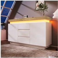 Flieks Kommode Hochglanz Weiß Sideboard mit LED und verstellbare Ablagen (1 St., für Wohnzimmer, Schlafzimmer und Esszimmer), Mehrzweckschrank mit 2 Türen und 3 Schubladen, Breite 140 cm