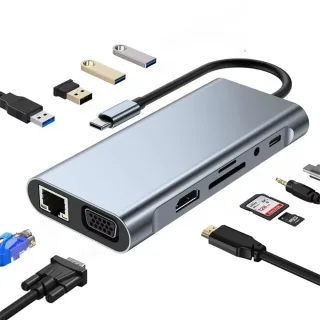 Bakeey USB-C 11 in 1 Docking Station with 4K@30Hz 1080P VGA 100W PD Charging RJ45 100M SD/TF Card Reader 3.5mm Audio USB