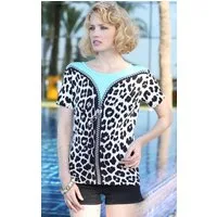 Passioni Kurzarmpullover mit verspieltem Leoparden- und Reißverschlussdetail Druck