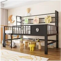 Flieks Kinderbett, Niedriges Hochbett Metallbett 90×200cm mit Netzregal Kleiderstange